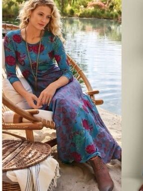Soft Surroundings Teal Maxi Dress with Pink Floral Print